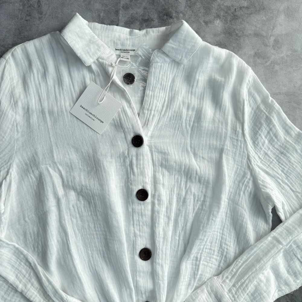 Beachlunchlounge Nox Crinkle Gauze Tie Front Button‎ Up Shirt White XS Casual - Picture 7 of 14